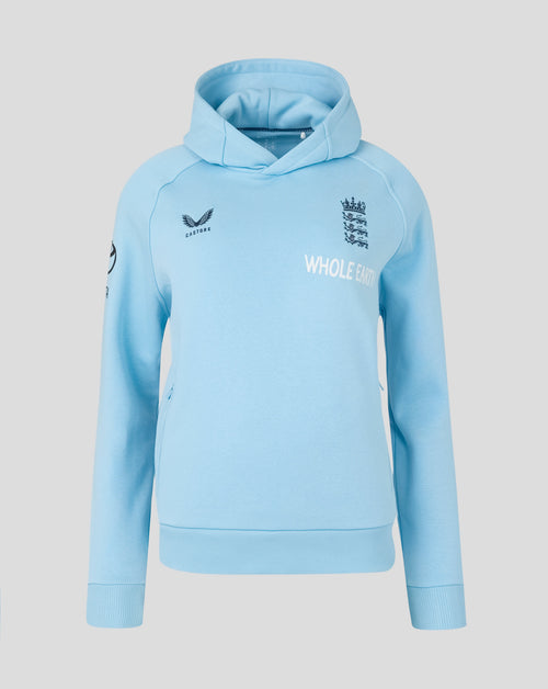Light blue hoodie with branding on a gray background