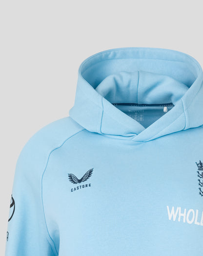Light blue hoodie with branding on a gray background