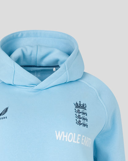 Light blue hoodie with branding on a gray background