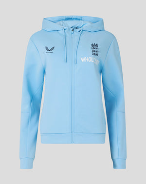 Light blue hoodie with branding on a light gray background