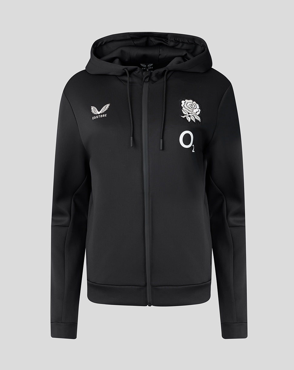 Black hoodie with logos on a light gray background