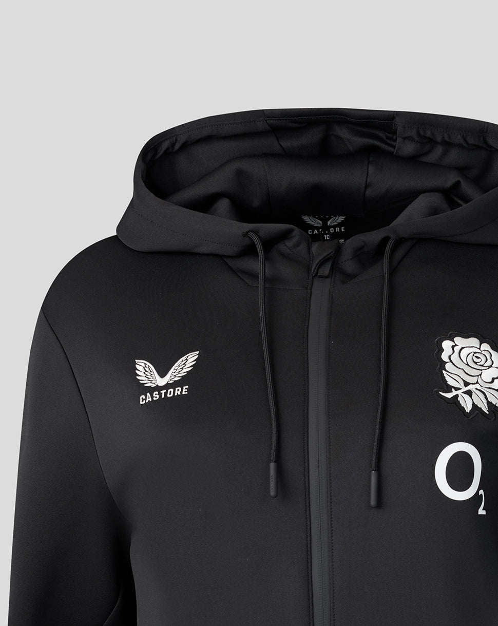 Black hoodie with brand logos on a light gray background