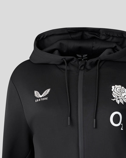 Black hoodie with brand logos on a light gray background