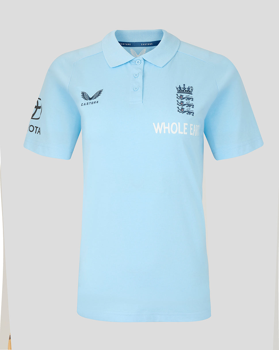 Light blue polo shirt with branding on a light gray background