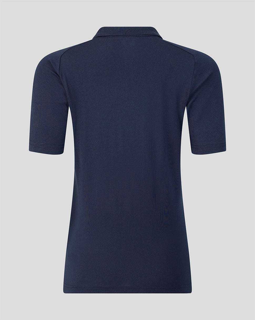 Navy blue polo shirt on a light gray background