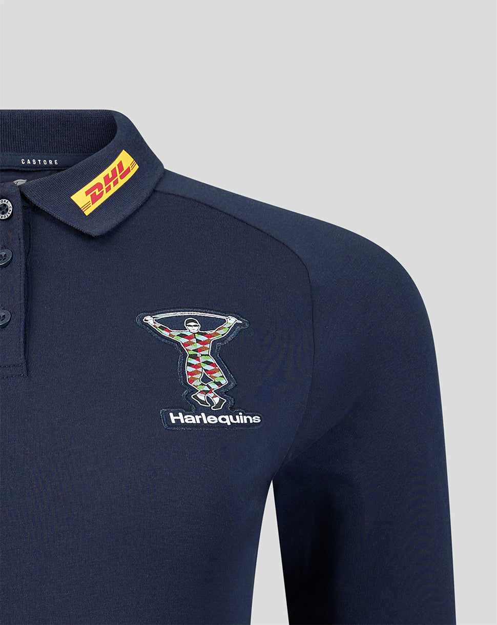 Navy blue polo shirt with Harlequins logo and DHL label on a light gray background