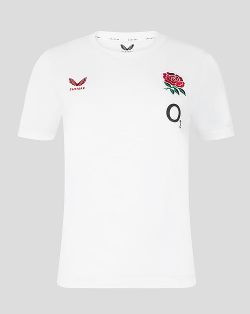 White t-shirt with red rose and logo on a gray background