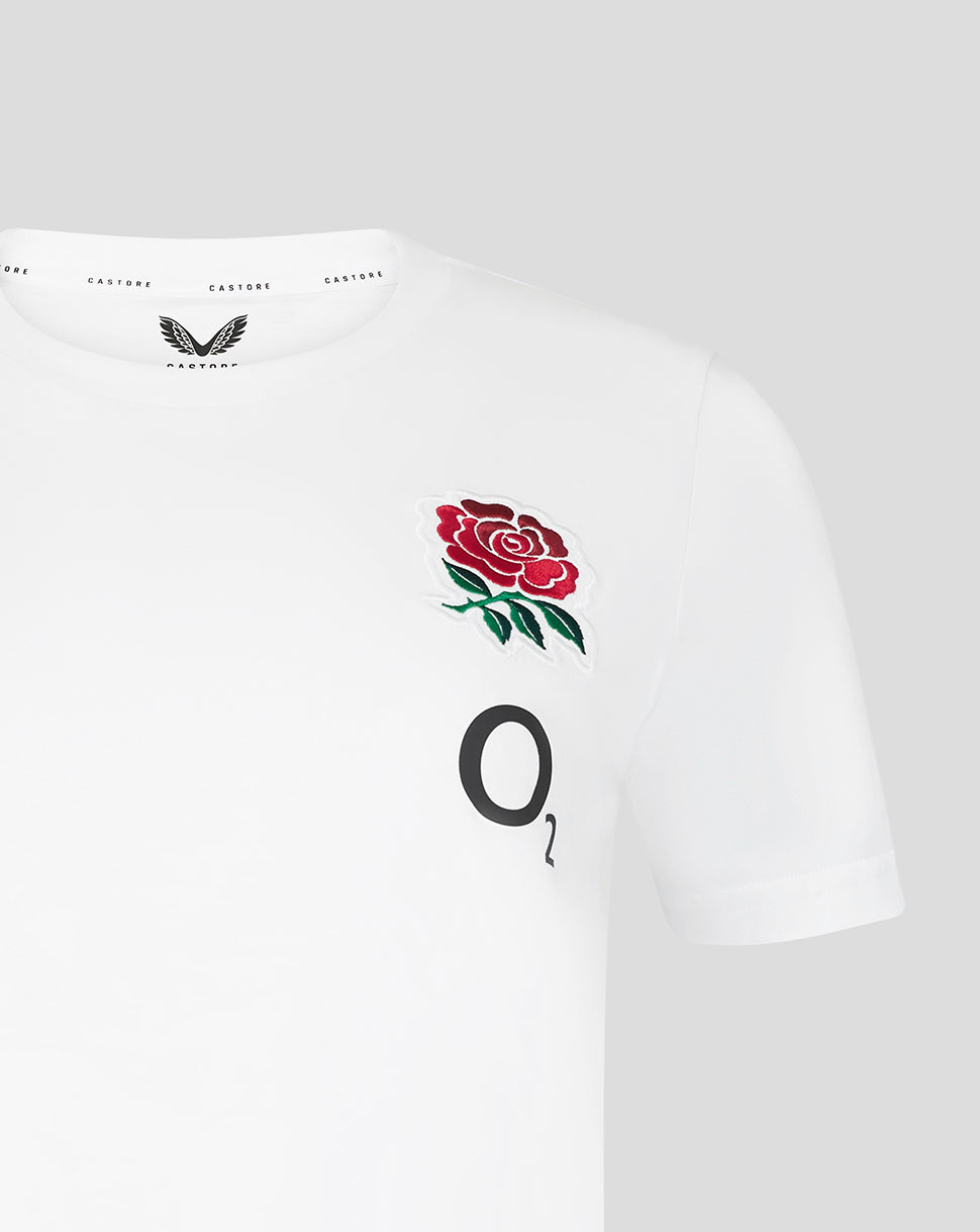 White t-shirt with a red rose and black logo on a white background