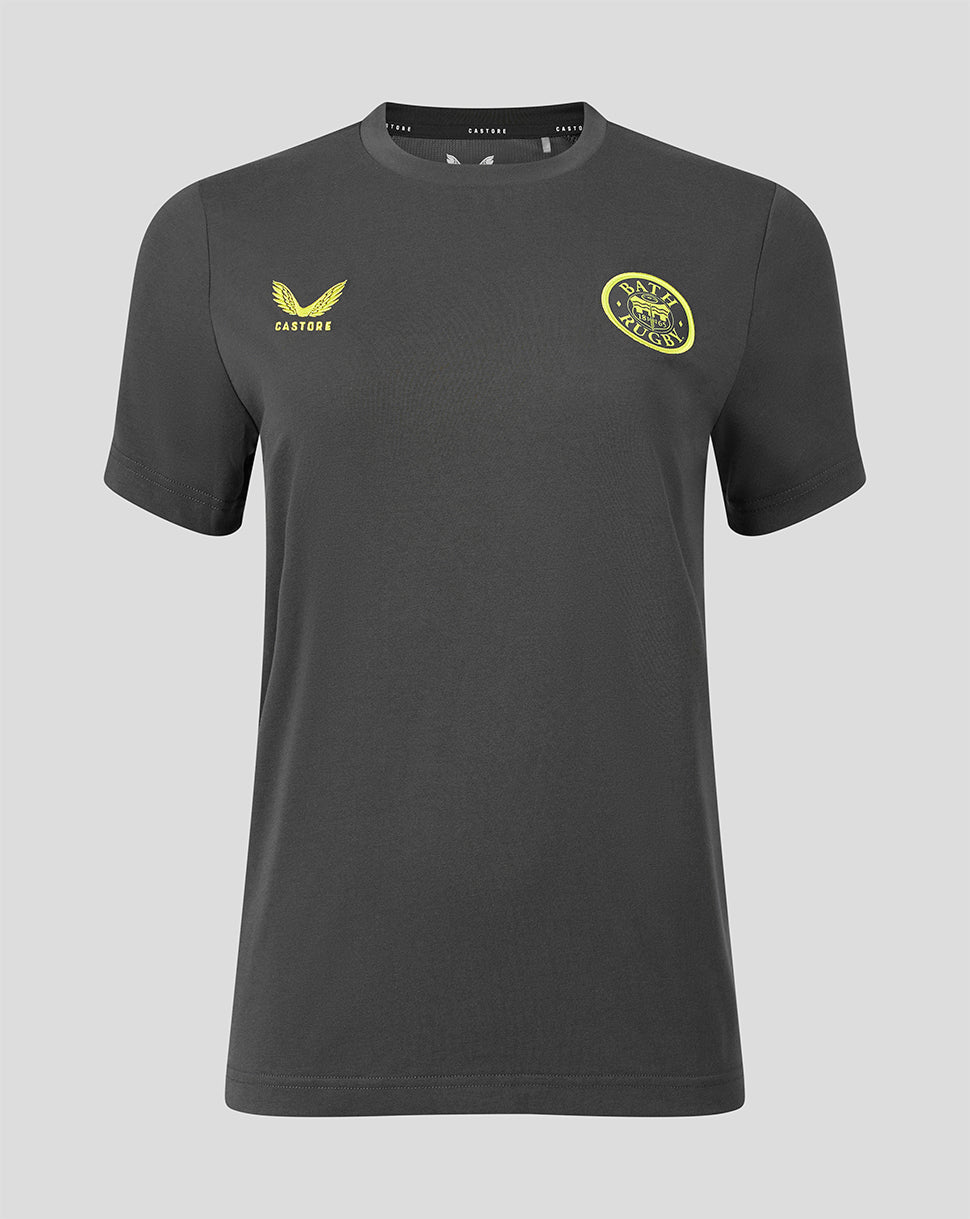 A dark gray short-sleeve t-shirt with a yellow eagle logo and the word CASTORE' on the right chest, and a yellow circular eagle crest on the left chest, shown against a light gray background.