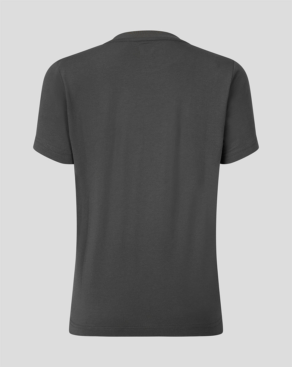 A dark gray short-sleeve t-shirt shown from the back, displayed on a solid light gray background.