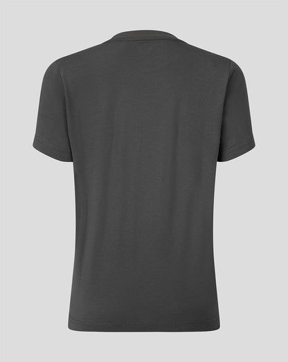 A dark gray short-sleeve t-shirt shown from the back, displayed on a solid light gray background.