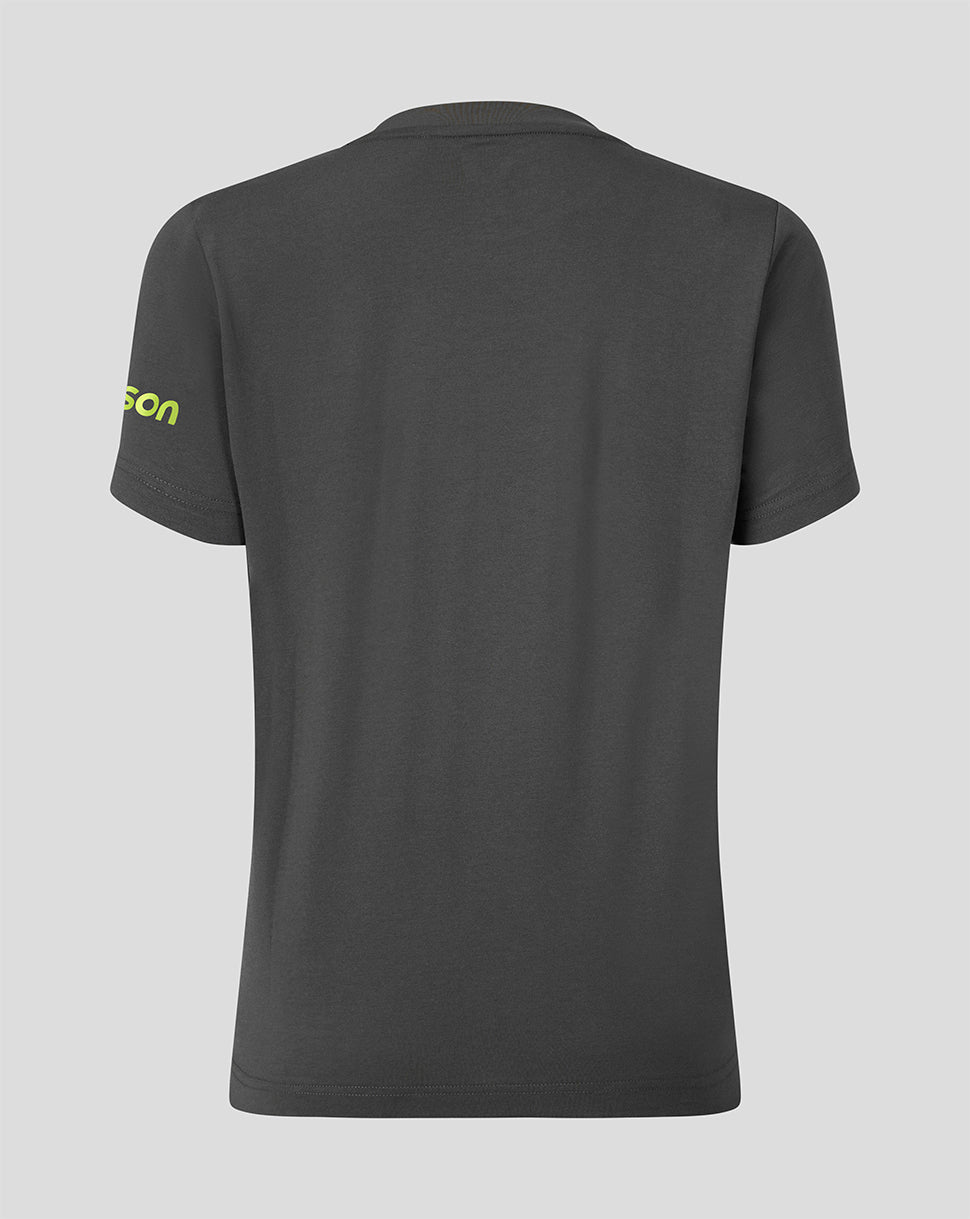 Back view of Bath Rugby Women's 2026/27 Travel T shirt in dark gray with neon logo on the left sleeve