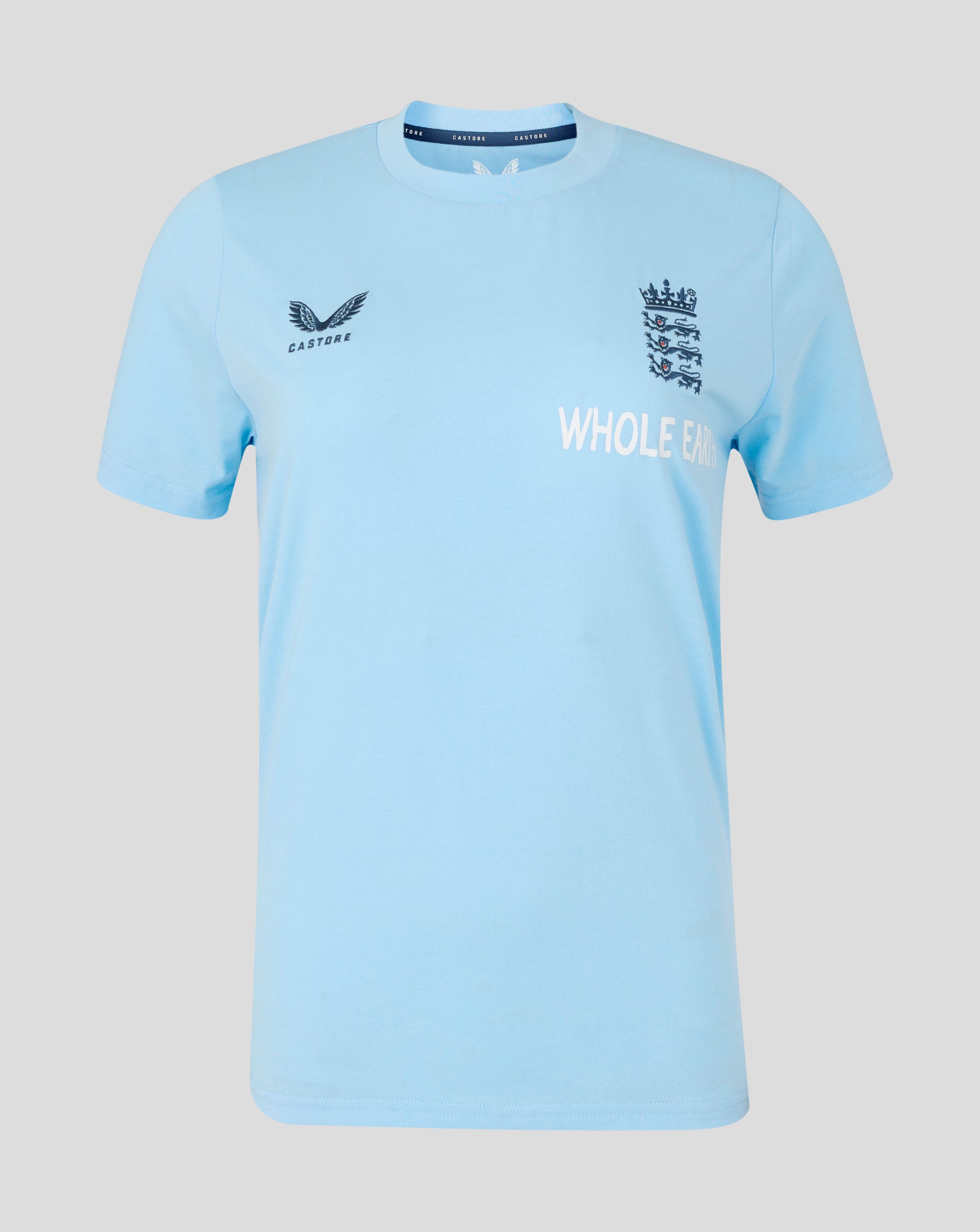 Light blue t-shirt with branding on a light gray background