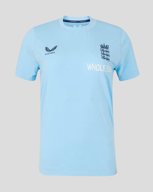 Light blue t-shirt with branding on a light gray background