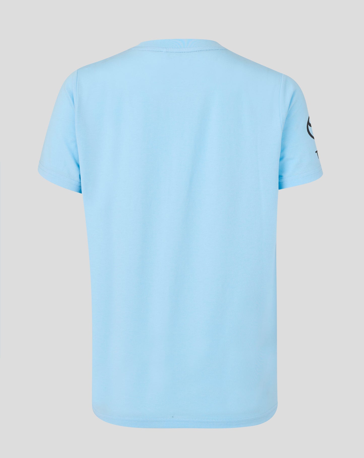 Light blue t-shirt with a logo on the back against a light gray background
