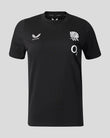 Black t-shirt with logos on a gray background