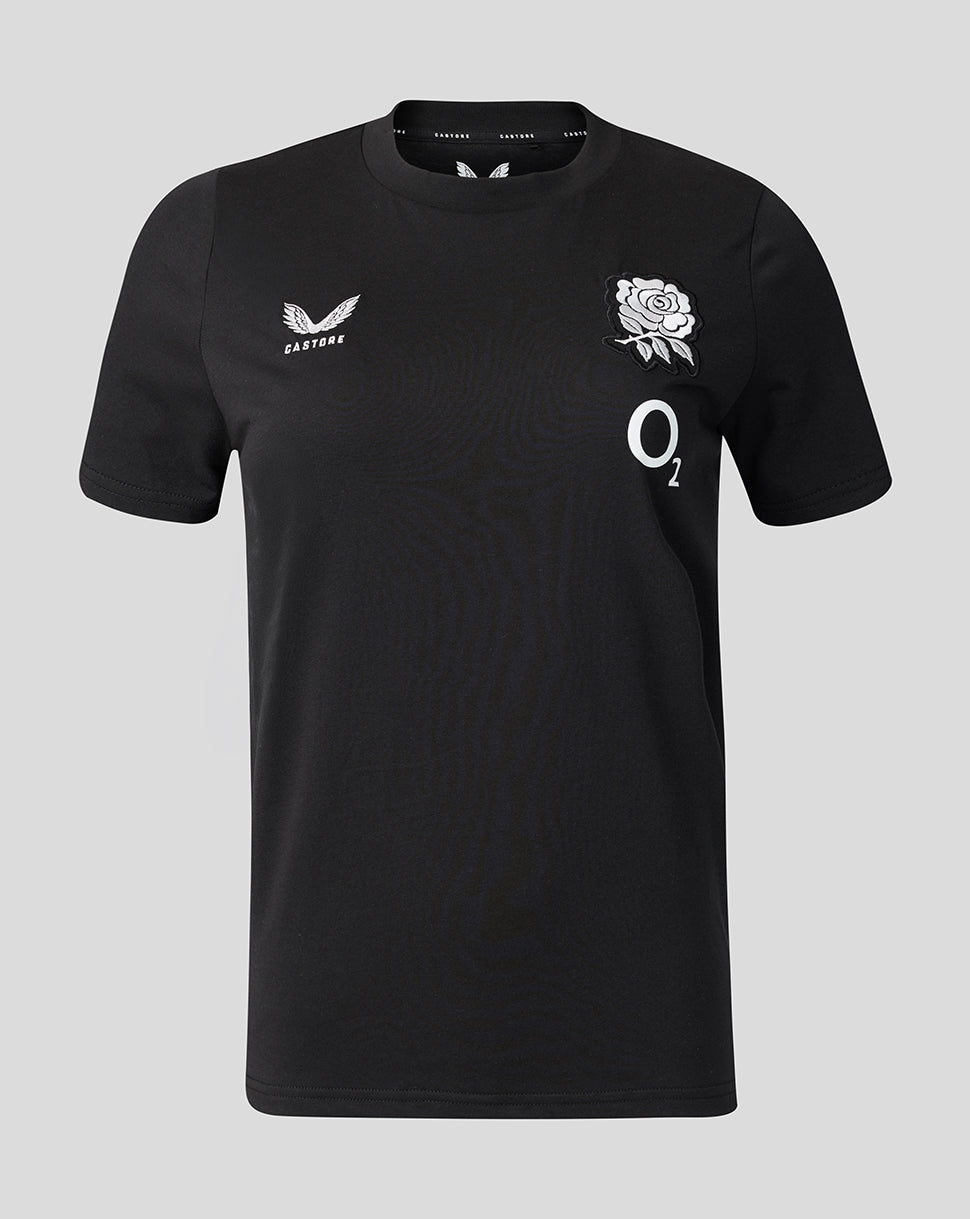 Black t-shirt with logos on a gray background