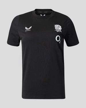 Black t-shirt with logos on a gray background
