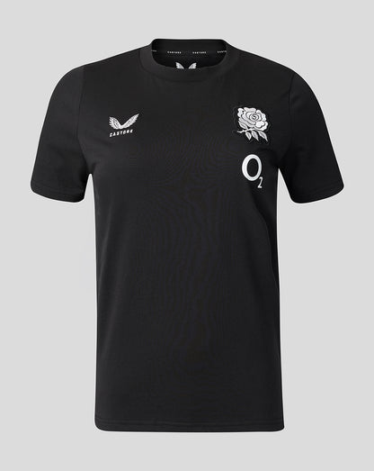 Black t-shirt with logos on a gray background
