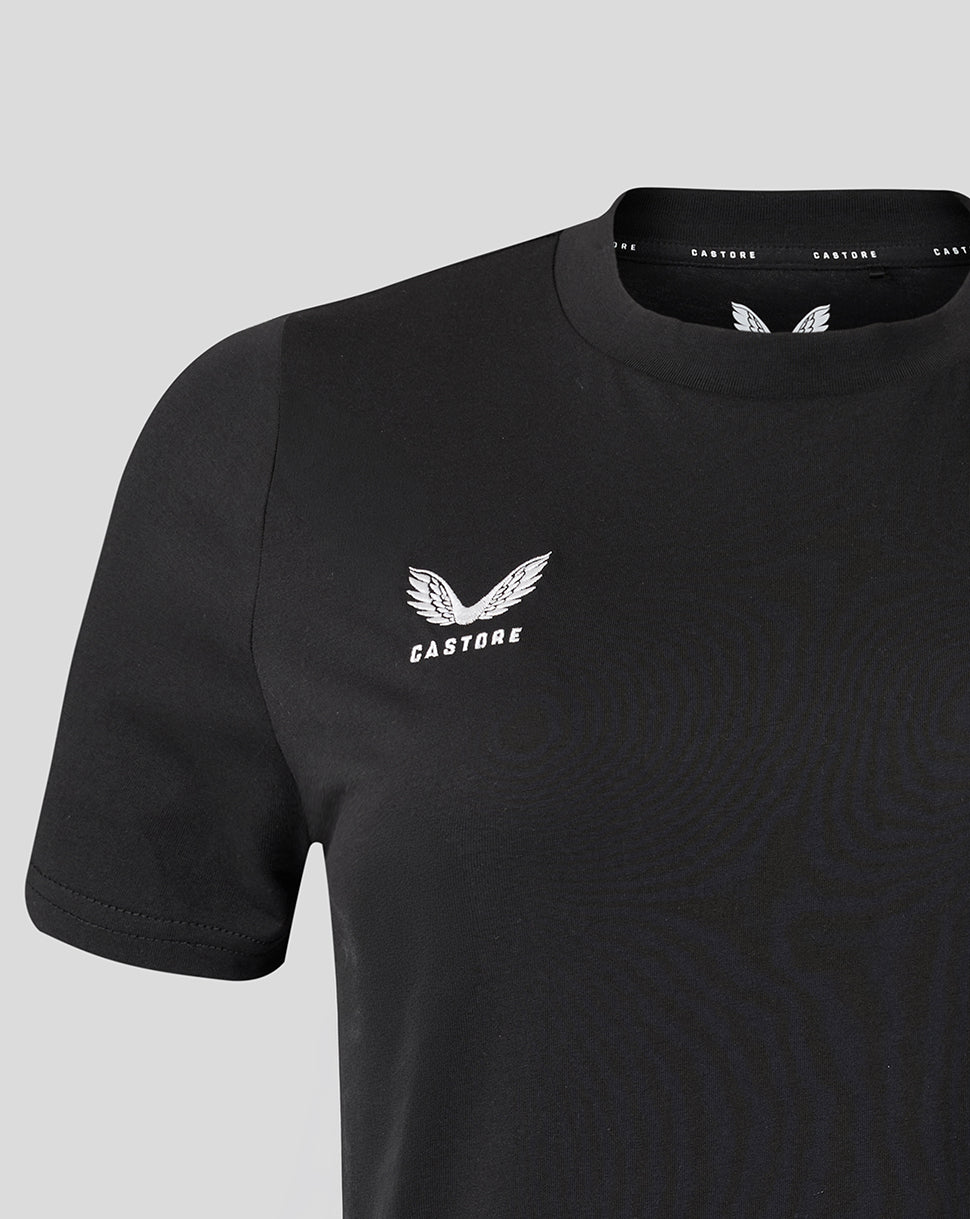 Black t-shirt with white logo and text on a light gray background