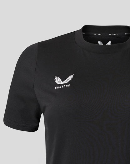 Black t-shirt with white logo and text on a light gray background