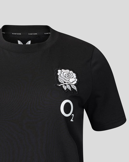 Black t-shirt with white rose design and 'O2' logo on a gray background
