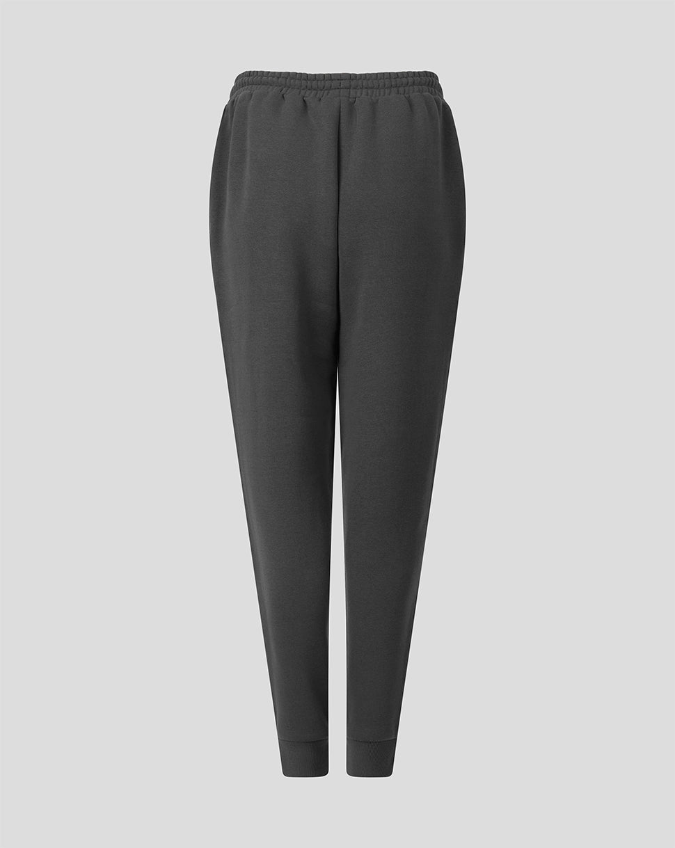 Dark gray jogger pants with an elastic waistband and ribbed ankle cuffs, shown against a solid light gray background.