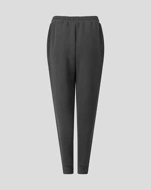 Dark gray jogger pants with an elastic waistband and ribbed ankle cuffs, shown against a solid light gray background.