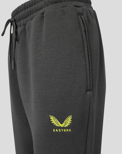Close-up of dark gray sweatpants with a yellow embroidered wing logo and the brand name 'CASTORE' on the lower left leg, featuring an elastic drawstring waistband.