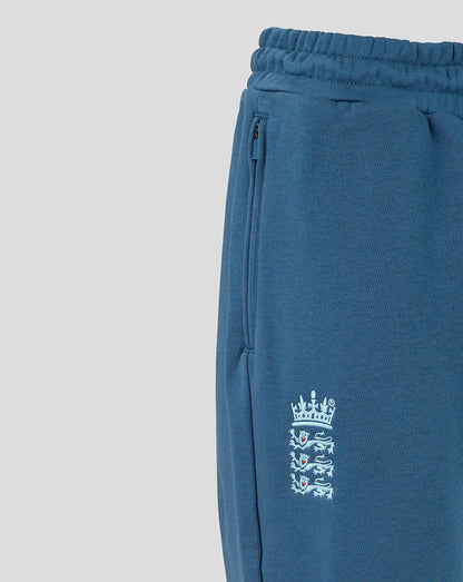 Blue sweatpants with a logo on a light gray background