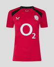 Red sports jersey with black sleeves and white branding on a gray background