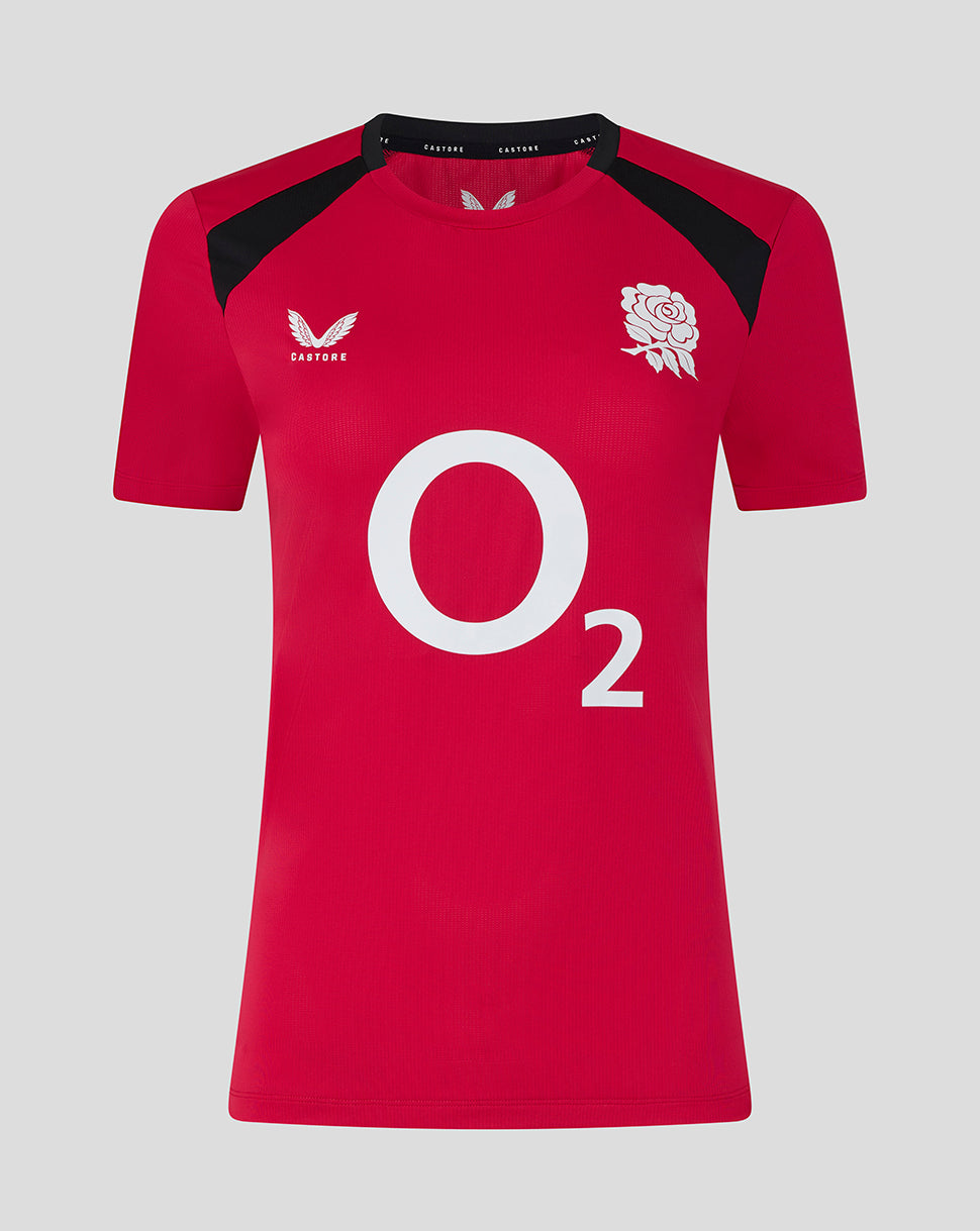 Red sports jersey with black sleeves and white branding on a gray background