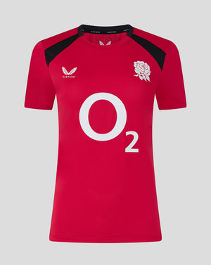 Red sports jersey with black sleeves and white branding on a gray background
