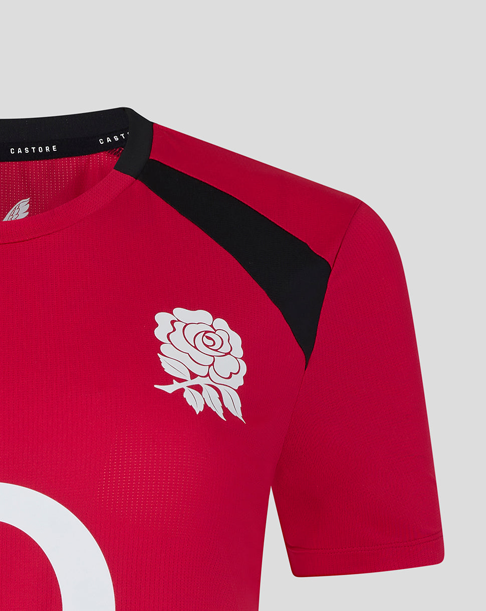 Red sports jersey with a white rose emblem on a gray background