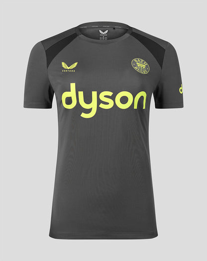 A dark gray athletic t-shirt with a bright yellow-green 'dyson' logo across the chest, a yellow-green 'castore' logo on the right chest, and a circular club crest on the left chest, shown against a solid gray background.