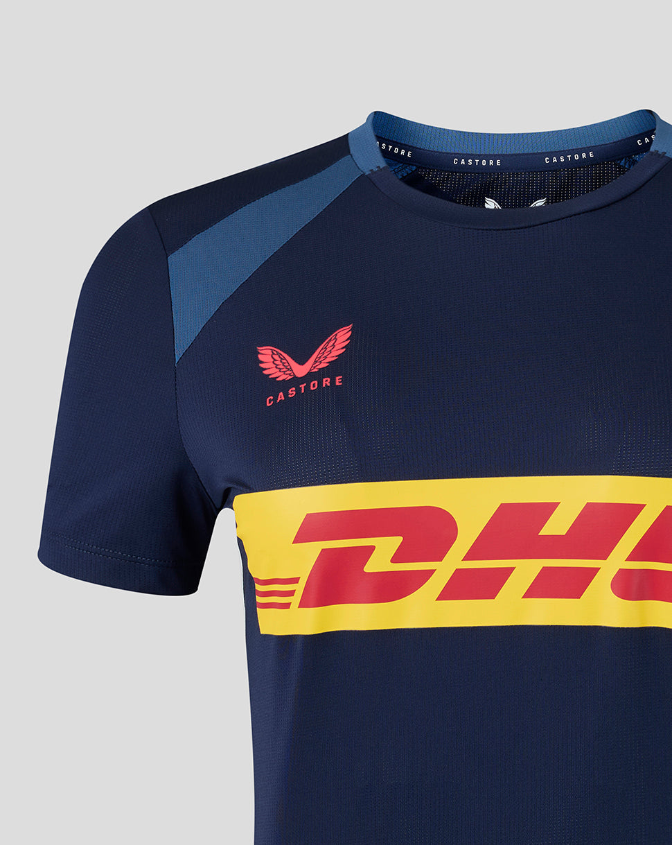 Navy blue sports jersey with red and yellow DHL logo on a light gray background