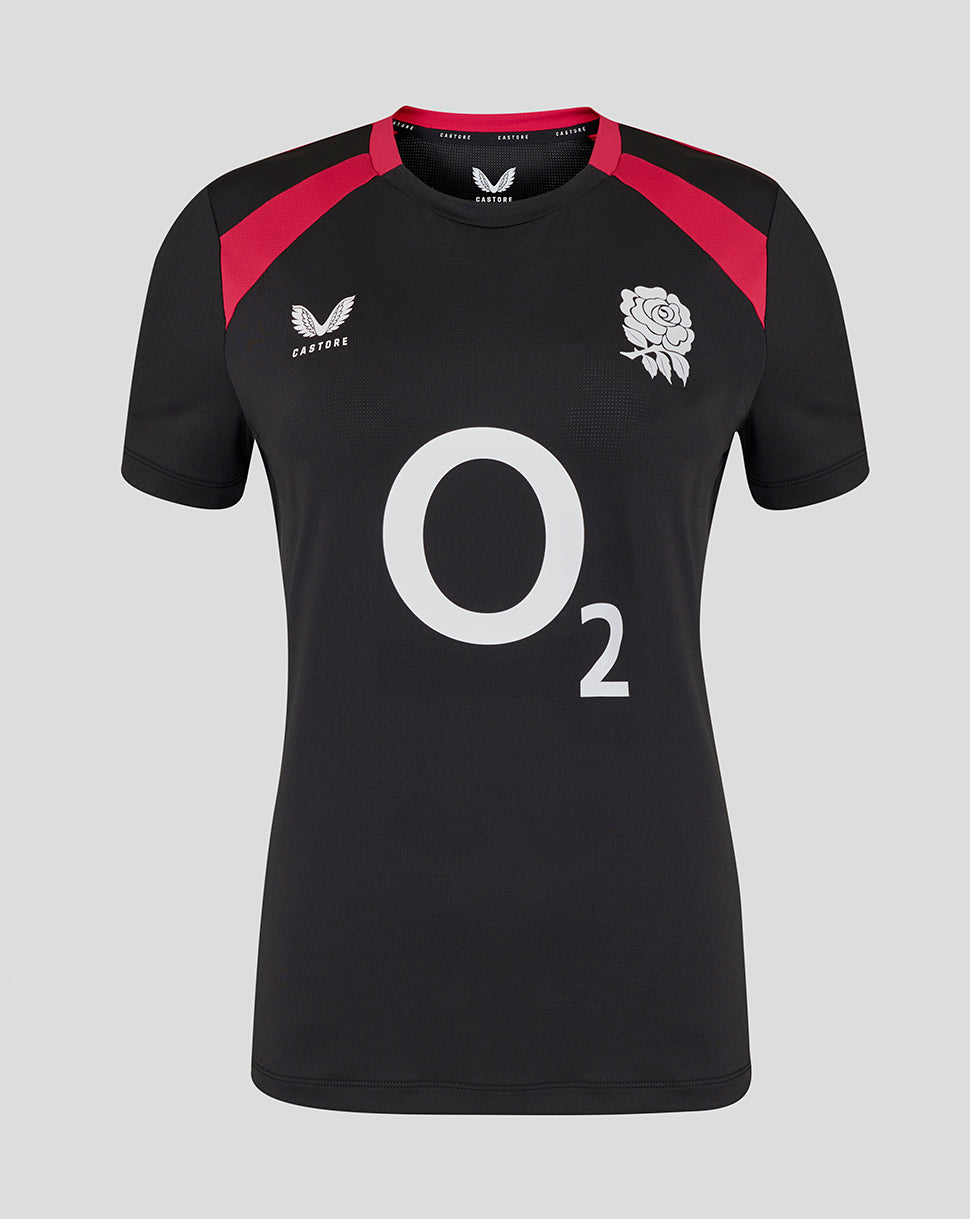 Black sports jersey with red accents and a rose emblem on a gray background