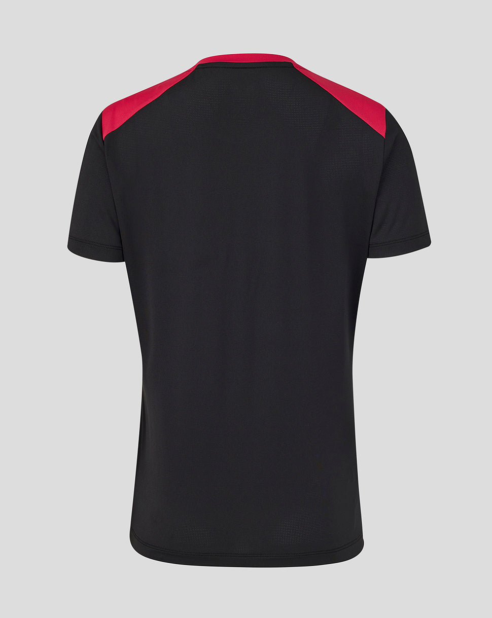 Black t-shirt with red accents on a gray background
