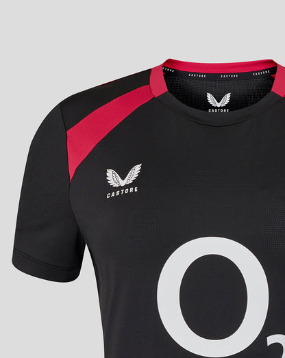 Black sports jersey with red accents and 'Castore' branding on a gray background