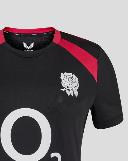 Black sports jersey with red accents and a white logo on a gray background