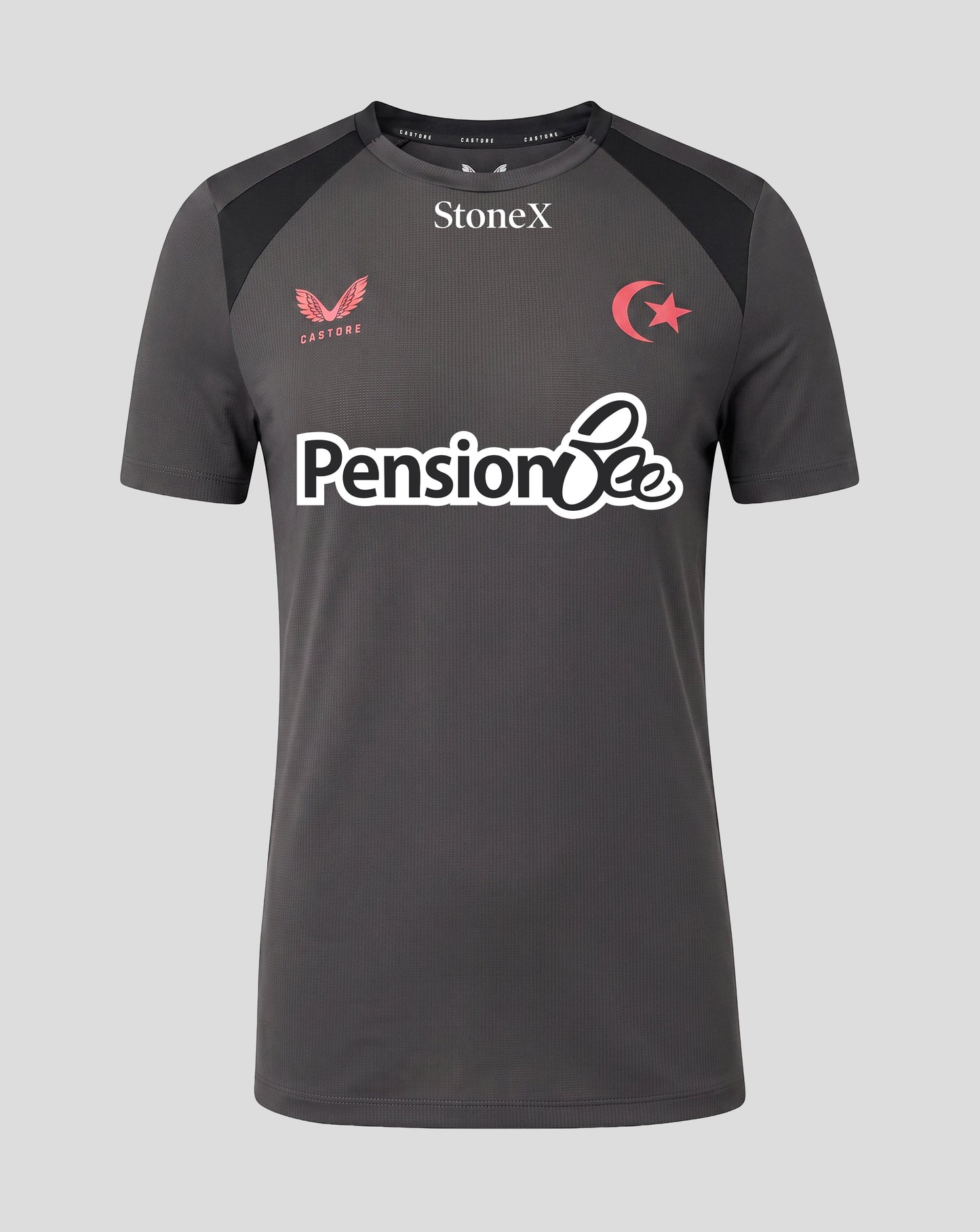 A dark gray short-sleeve athletic t-shirt with black shoulder panels, featuring the 'StoneX' brand logo at the collar, a 'Pension Bee' sponsor logo across the chest, and a red emblem on the left chest.