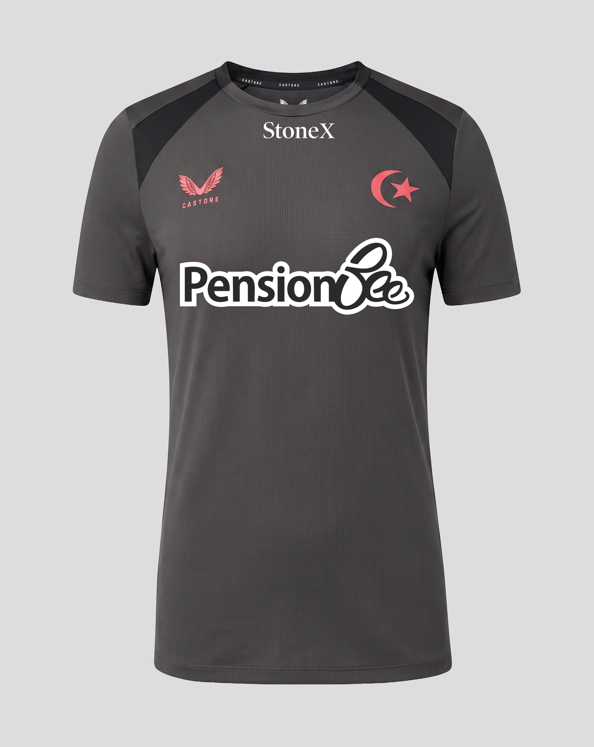 A dark gray short-sleeve athletic t-shirt with black shoulder panels, featuring the 'StoneX' brand logo at the collar, a 'Pension Bee' sponsor logo across the chest, and a red emblem on the left chest.