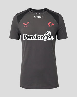 A dark gray short-sleeve athletic t-shirt with black shoulder panels, featuring the 'StoneX' brand logo at the collar, a 'Pension Bee' sponsor logo across the chest, and a red emblem on the left chest.