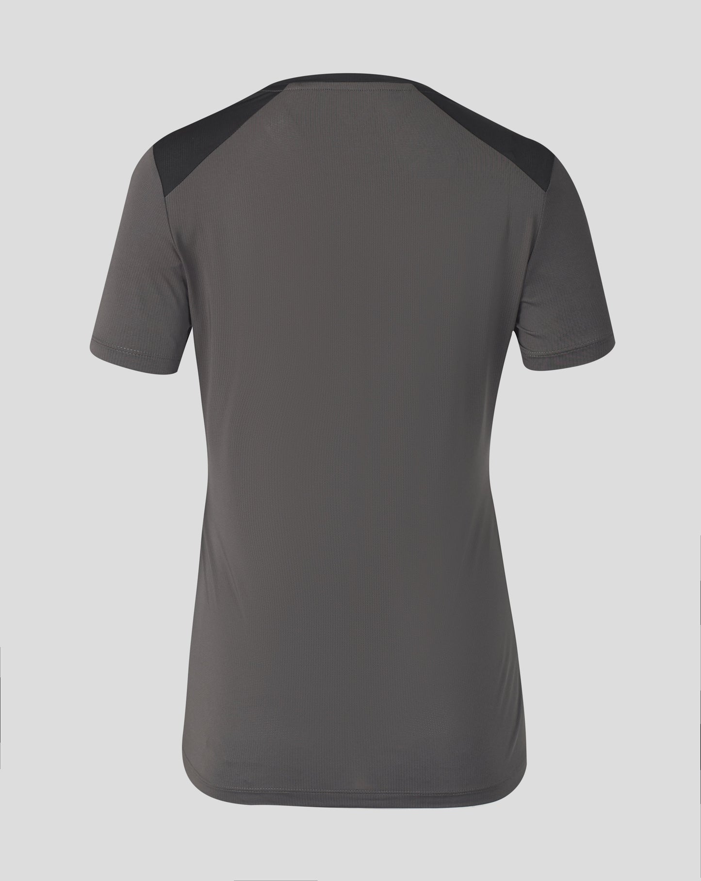 A dark gray short-sleeve athletic shirt with contrasting black shoulder panels, shown from the back on a light gray background.
