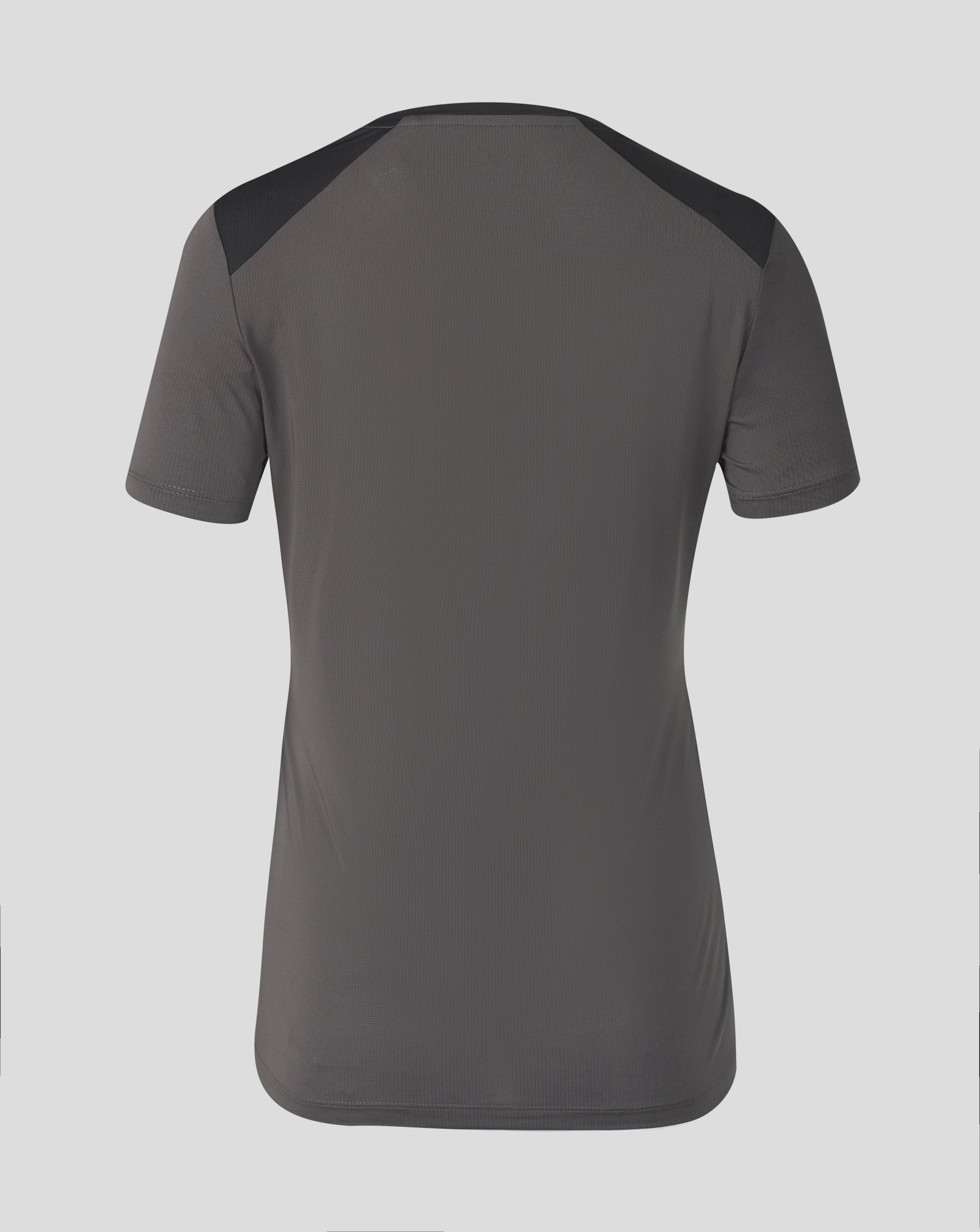 A dark gray short-sleeve athletic shirt with contrasting black shoulder panels, shown from the back on a light gray background.