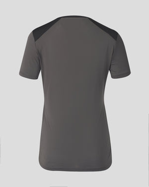 A dark gray short-sleeve athletic shirt with contrasting black shoulder panels, shown from the back on a light gray background.