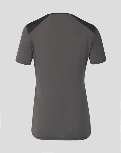 A dark gray short-sleeve athletic shirt with contrasting black shoulder panels, shown from the back on a light gray background.