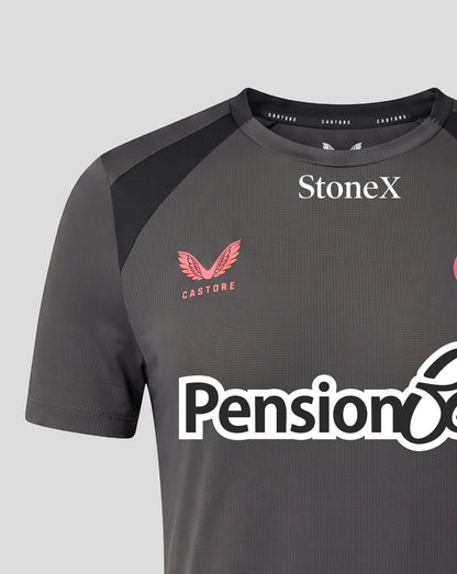 A dark gray athletic t-shirt with black shoulder panels, featuring the StoneX logo in white on the chest, a red Castore wing logo, and a large white PensionX logo across the front.