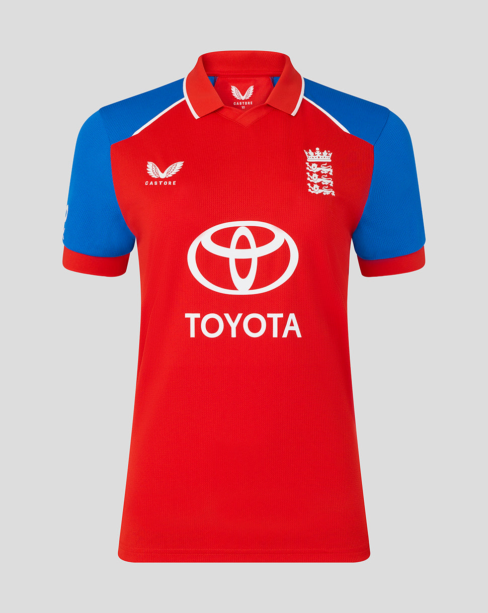 Red and blue sports jersey with Toyota logo on a gray background
