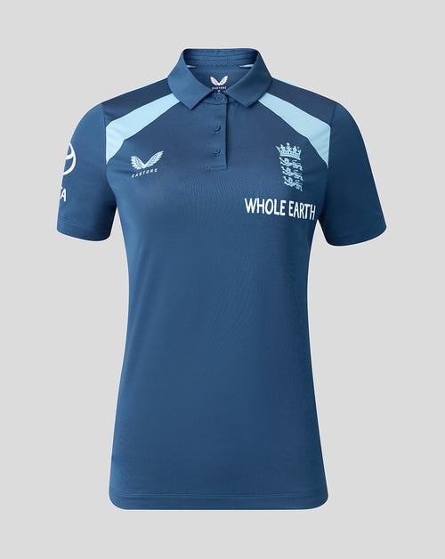 Blue polo shirt with branding on a gray background